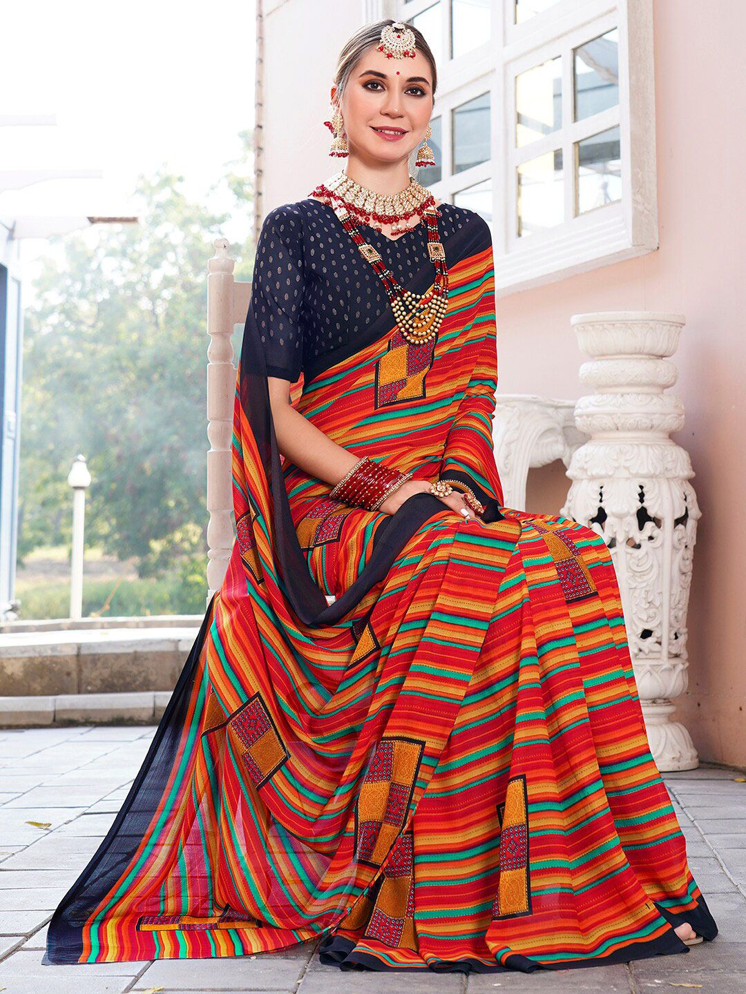Dhimhi Women's Orange Geometric Printed Saree
