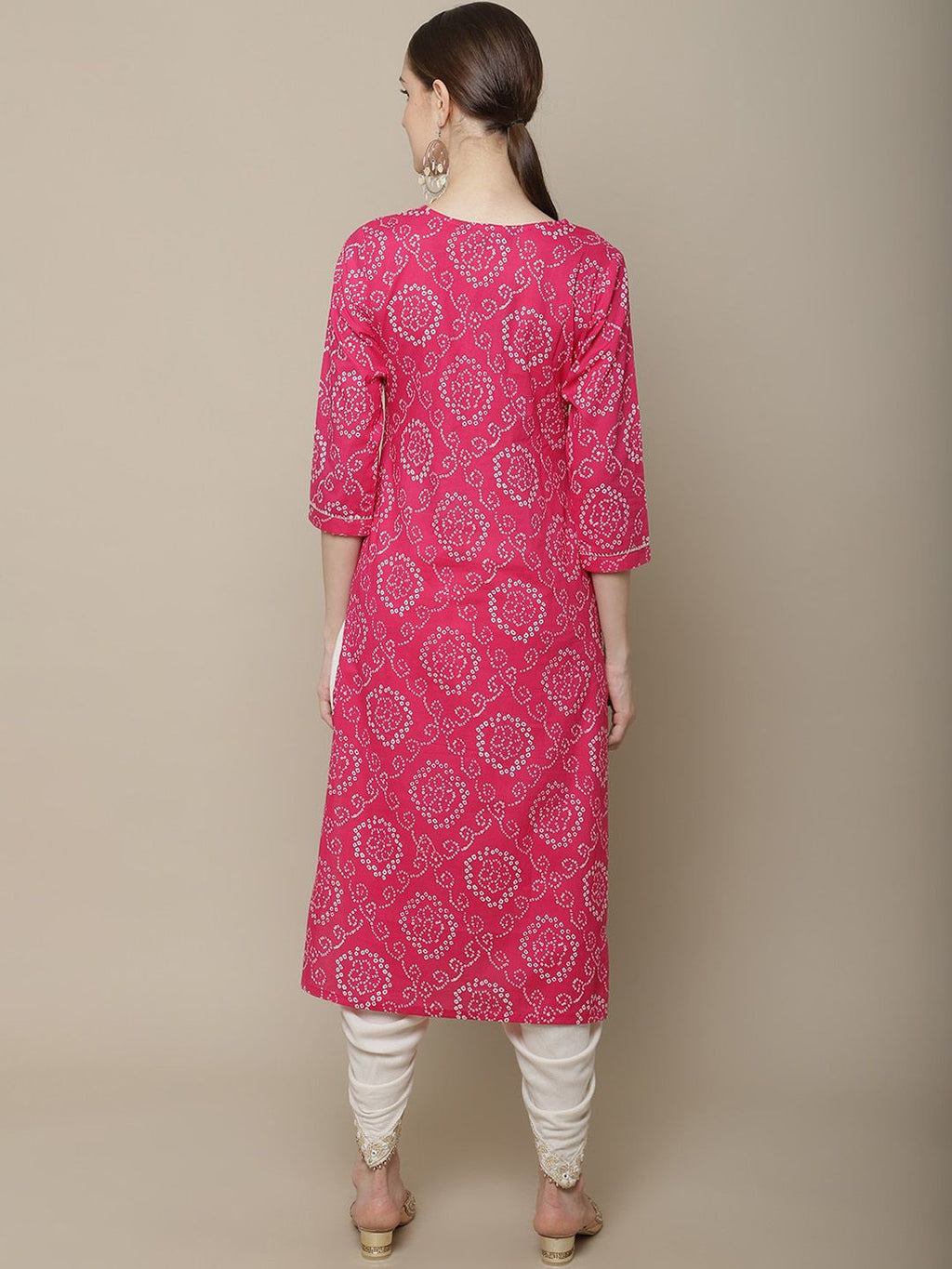 Women Pink & White Bandhani Printed Thread Work Kurta