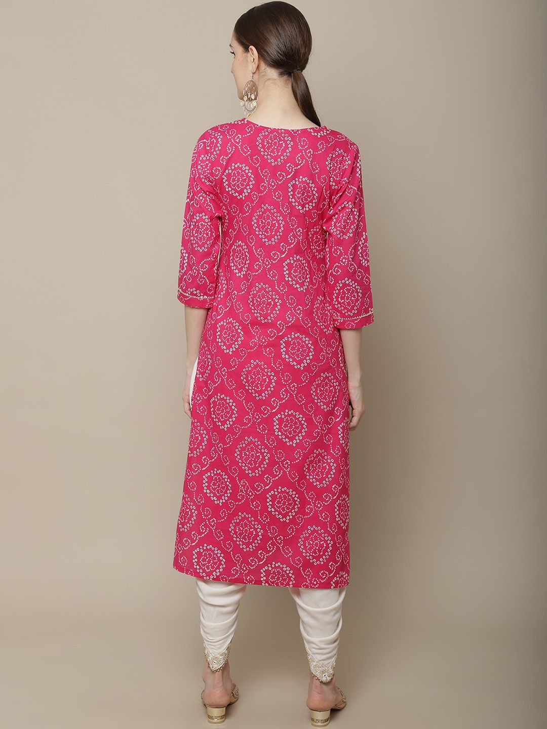 Women Pink & White Bandhani Printed Thread Work Kurta