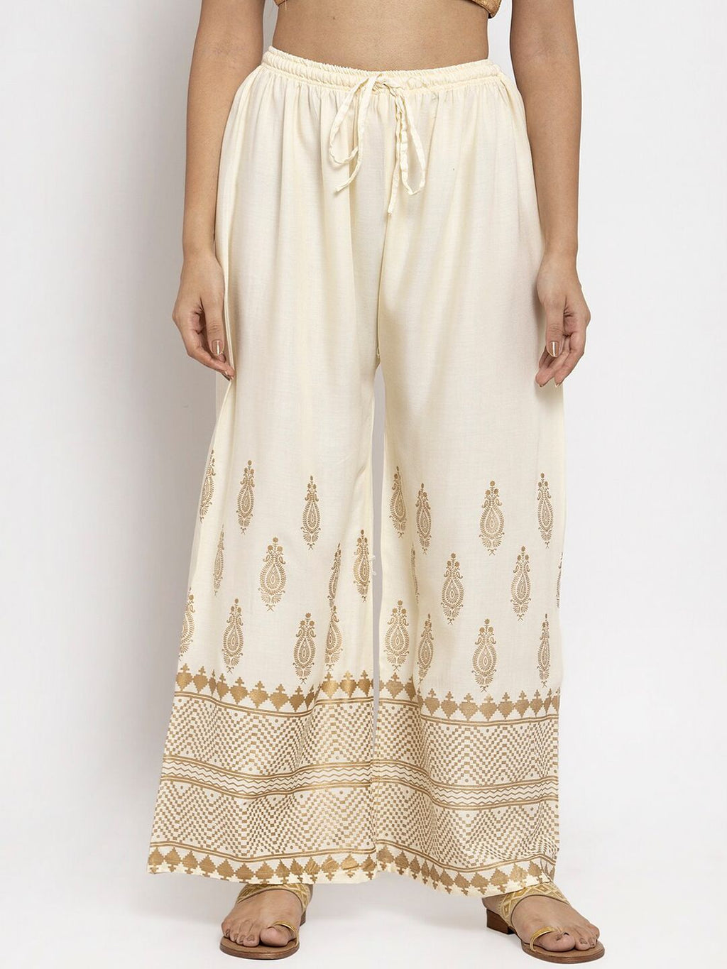 Dhimhi Women's Cream-Coloured Printed Straight Palazzos