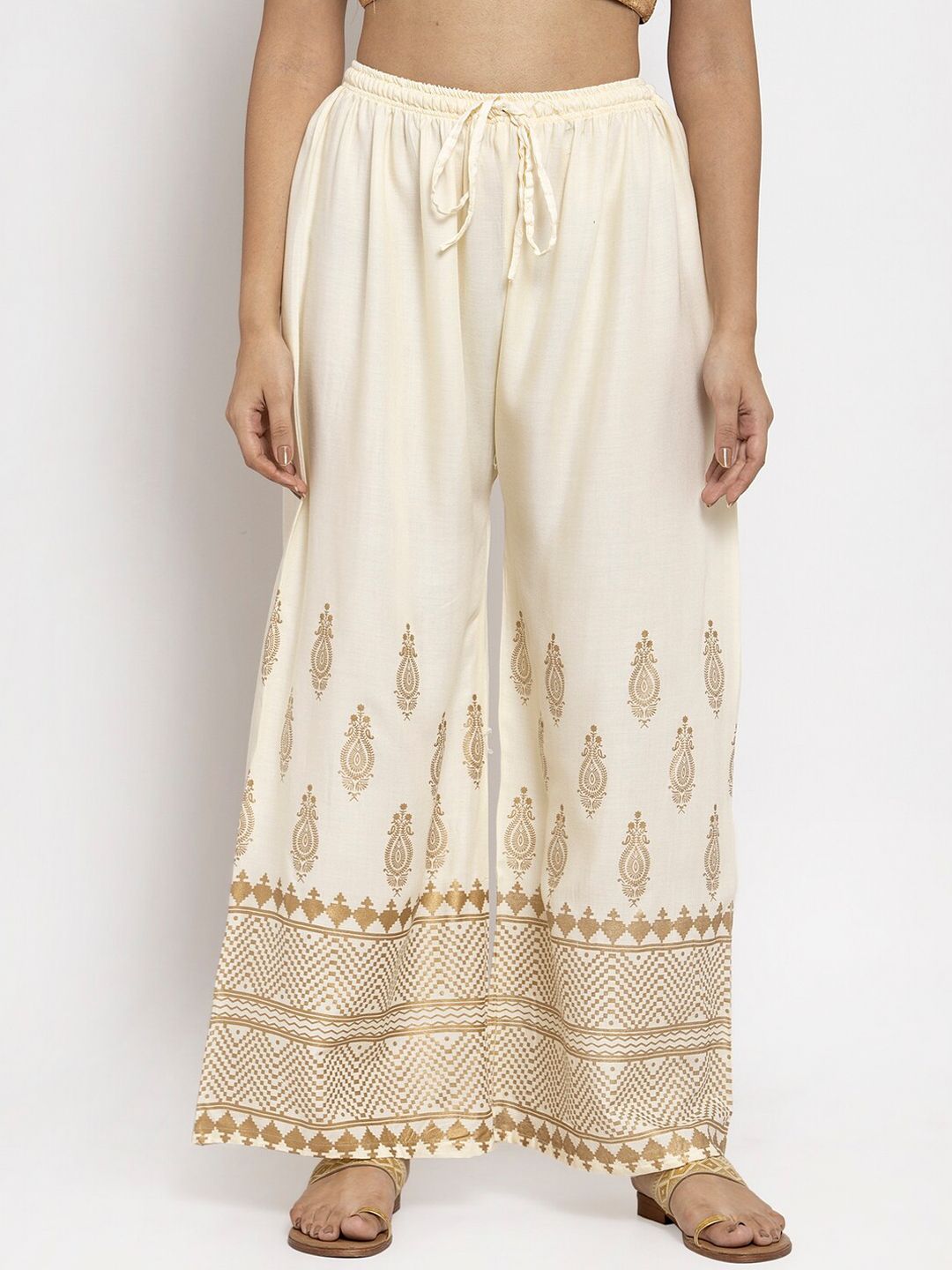 Dhimhi Women's Cream-Coloured Printed Straight Palazzos