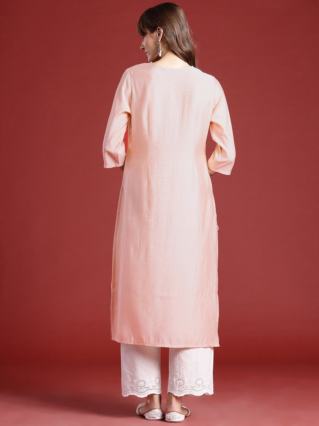 Floral Embroidered V-Neck Beads & Stones Studded Straight Kurta