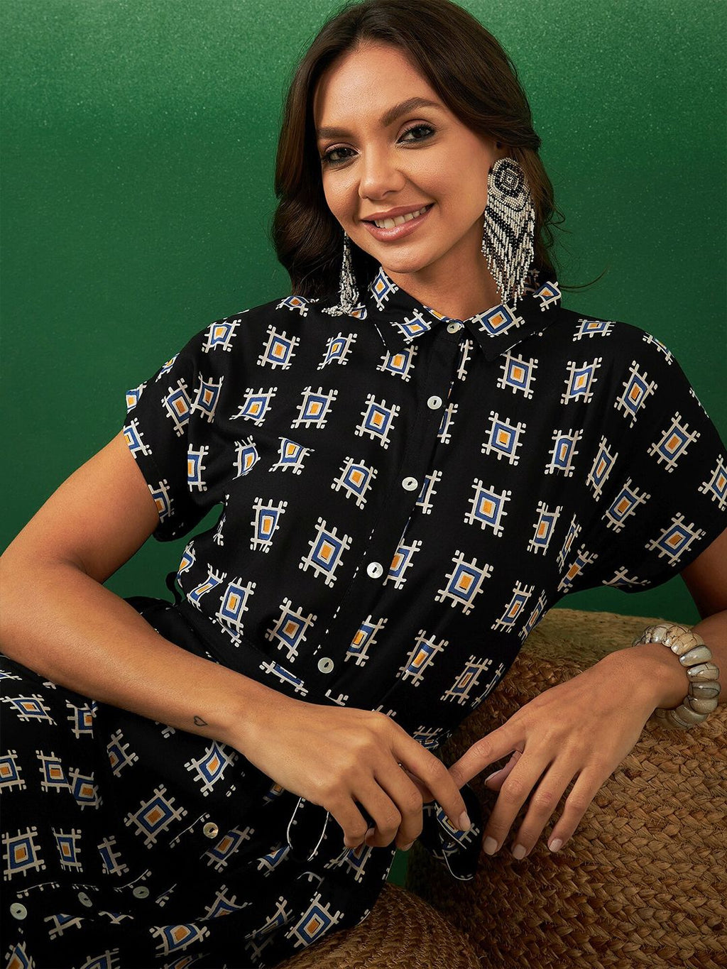 Dhimhi Women's Abstract Printed Belted Shirt Ethnic Dress