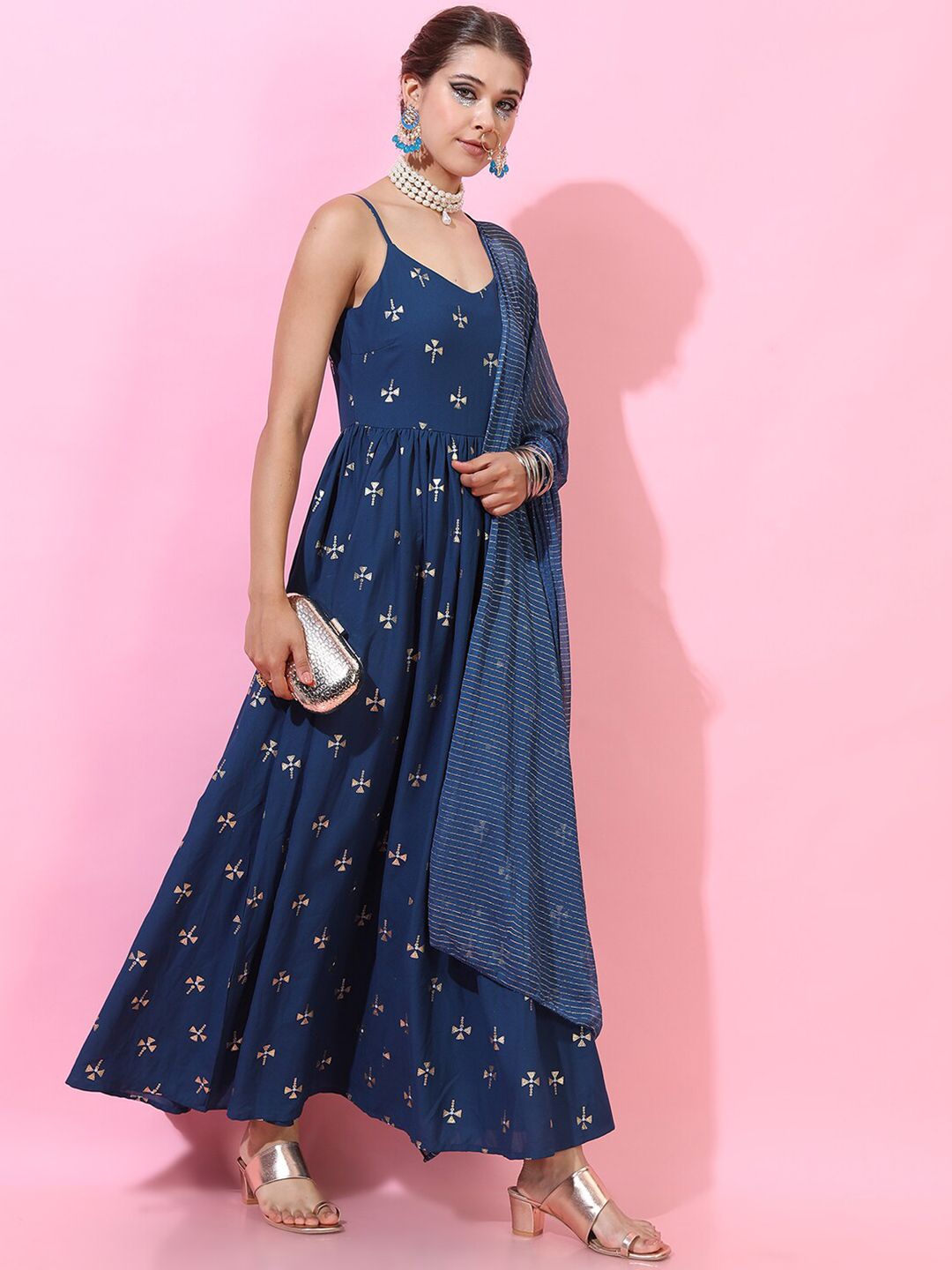 Dhimhi Women's Teal Printed Strappy Gathered Maxi Dress With Dupatta