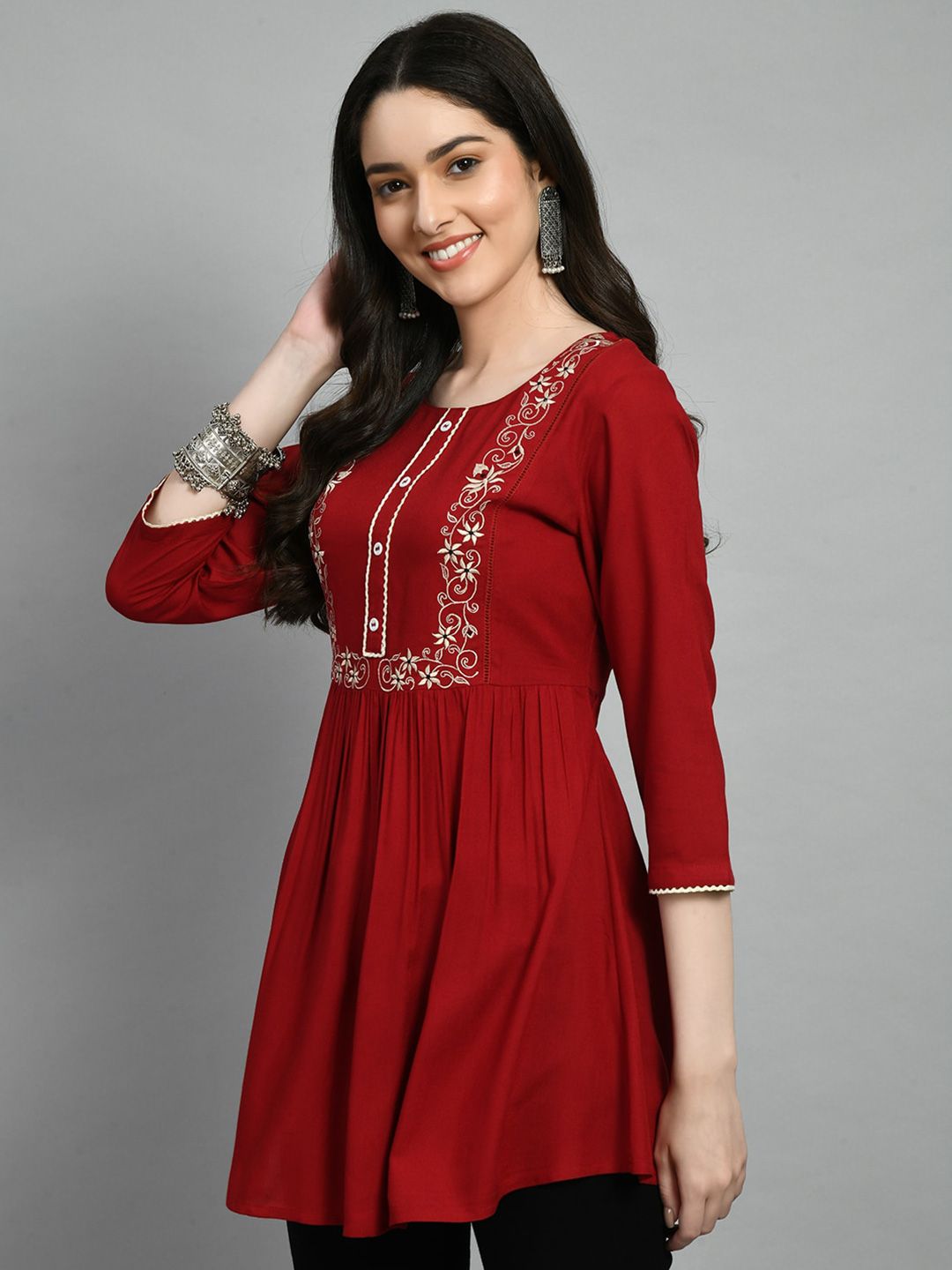 Dhimhi Women's Embroidered Gathered A-Line Tunic