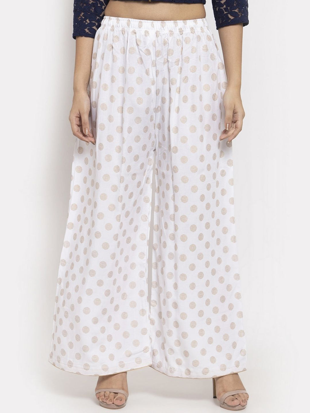 Dhimhi Women's White Printed Wide Leg Palazzos