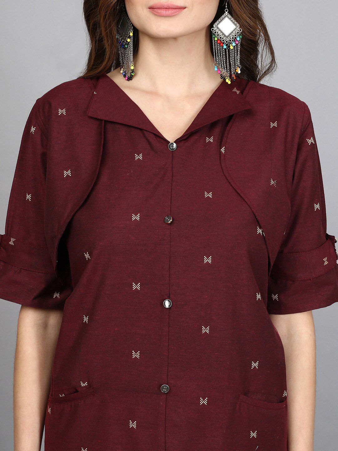 Geometric Printed Shirt Collar Cotton Pathani Kurta