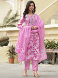 Dhimhi women's floral printed kurta set with matching trousers and dupatta, featuring elegant thread work and straight fit.