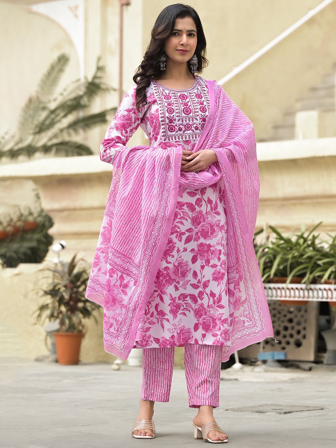Dhimhi women's floral printed kurta set with matching trousers and dupatta, featuring elegant thread work and straight fit.