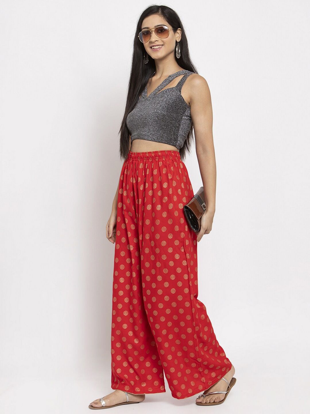 Dhimhi Women's Red & Gold-Toned Ethnic Motifs Knitted Ethnic Palazzos