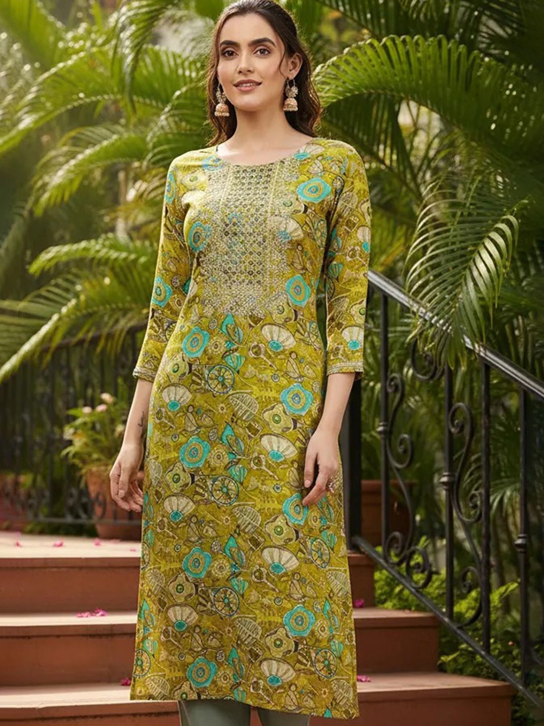 Dhimhi Women's Floral Printed Thread Work Straight Kurta