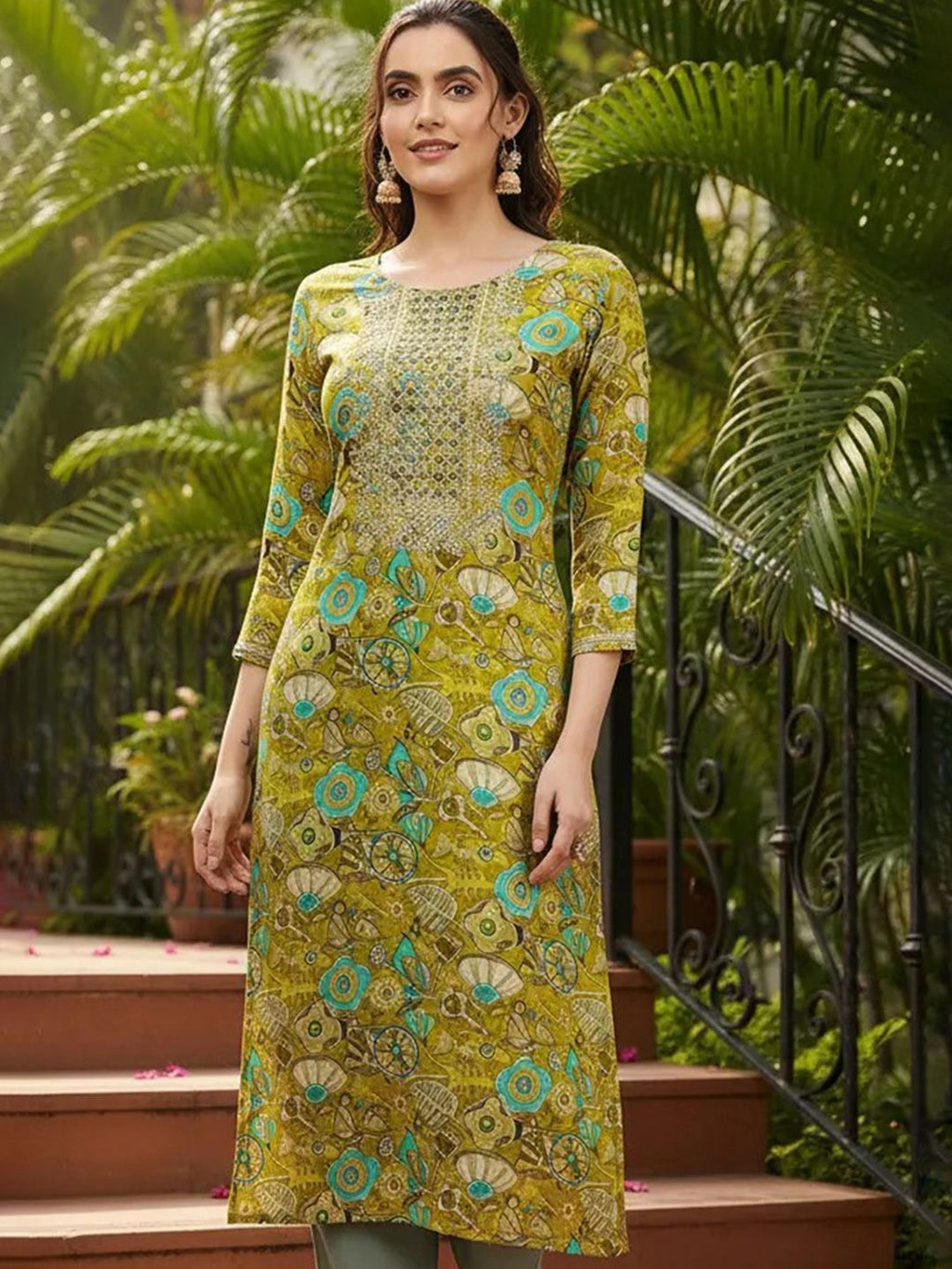 Floral Printed Thread Work Straight Kurta