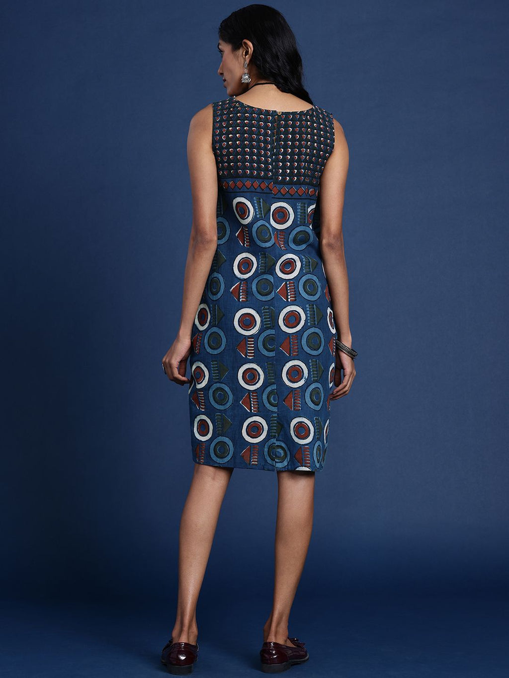 Dhimhi Women's Geometric Printed A-Line Indigo Ethnic Dress