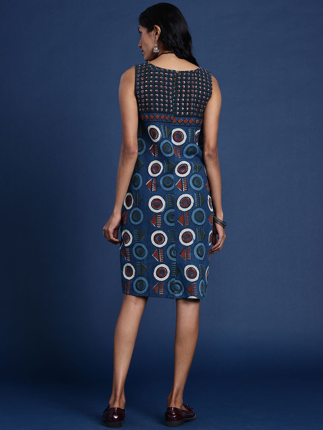 Dhimhi Women's Geometric Printed A-Line Indigo Ethnic Dress