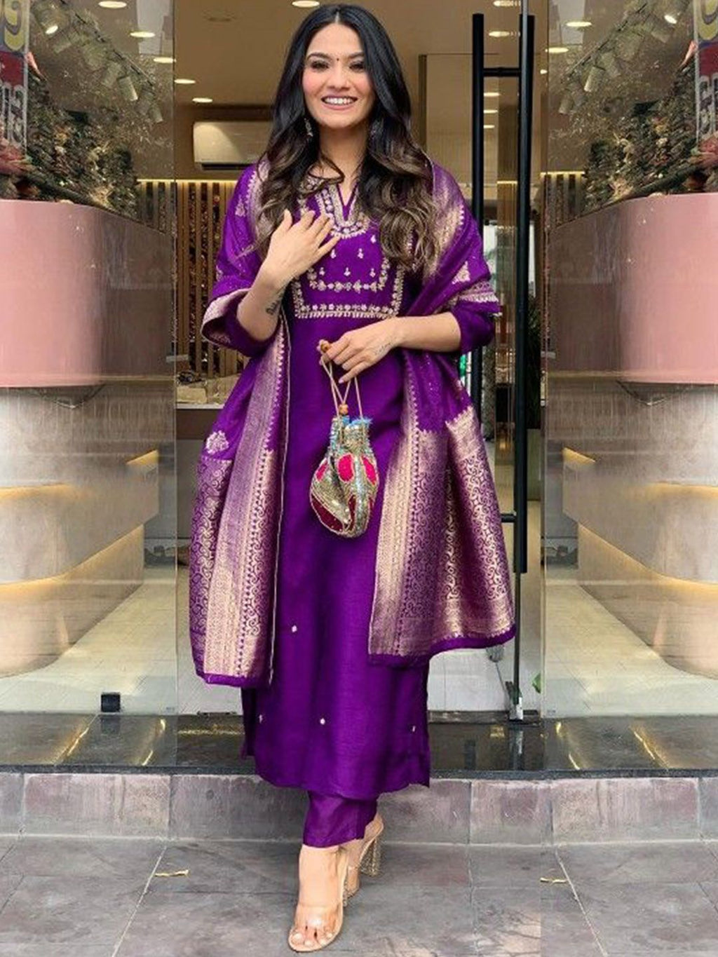 Dhimhi Women's Ethnic Motifs Embroidered Regular Kurta with Trousers & With Dupatta