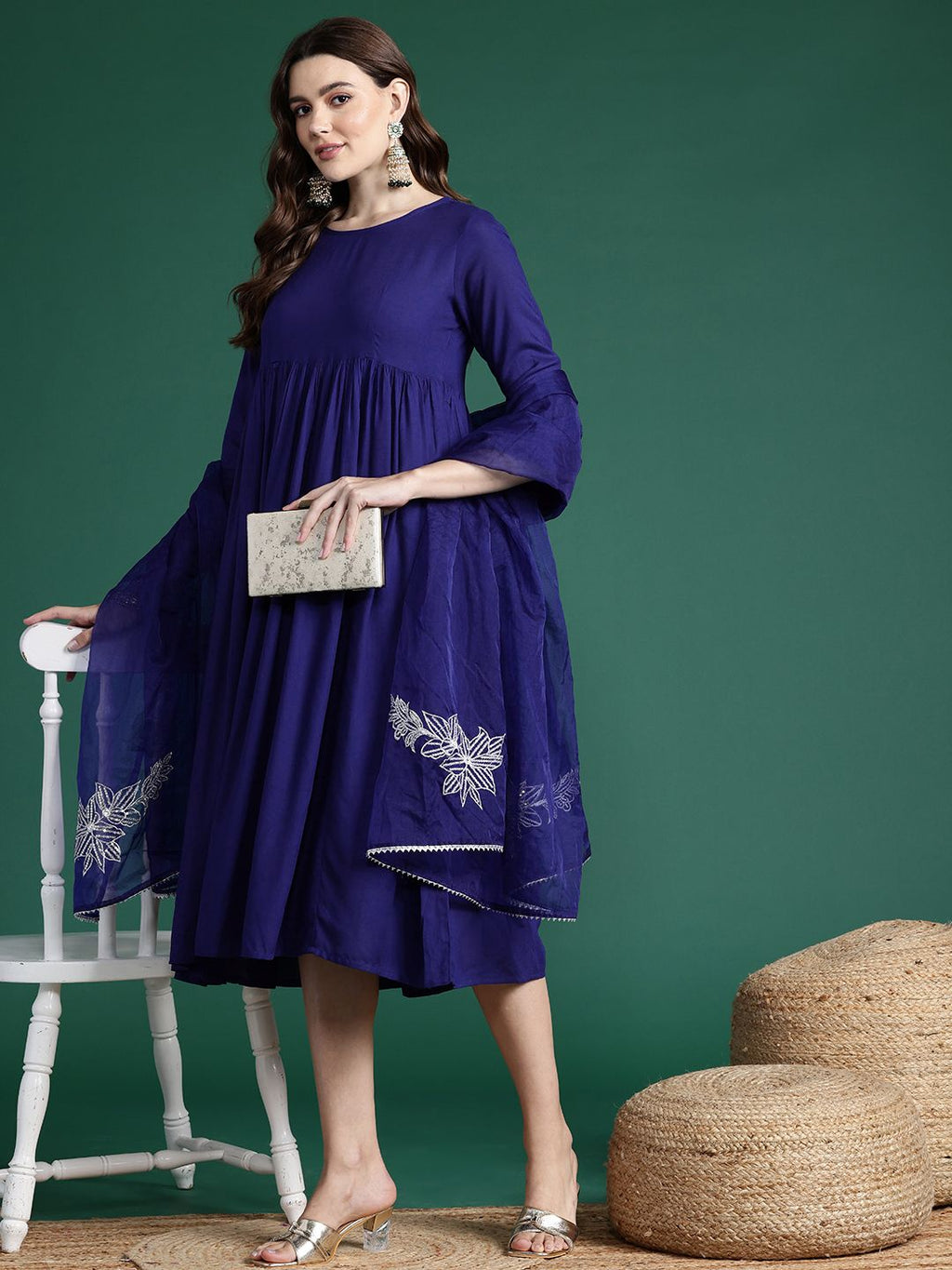 Dhimhi Women's Gotta Patti Detail Empire Dress With Sequin Detail Dupatta