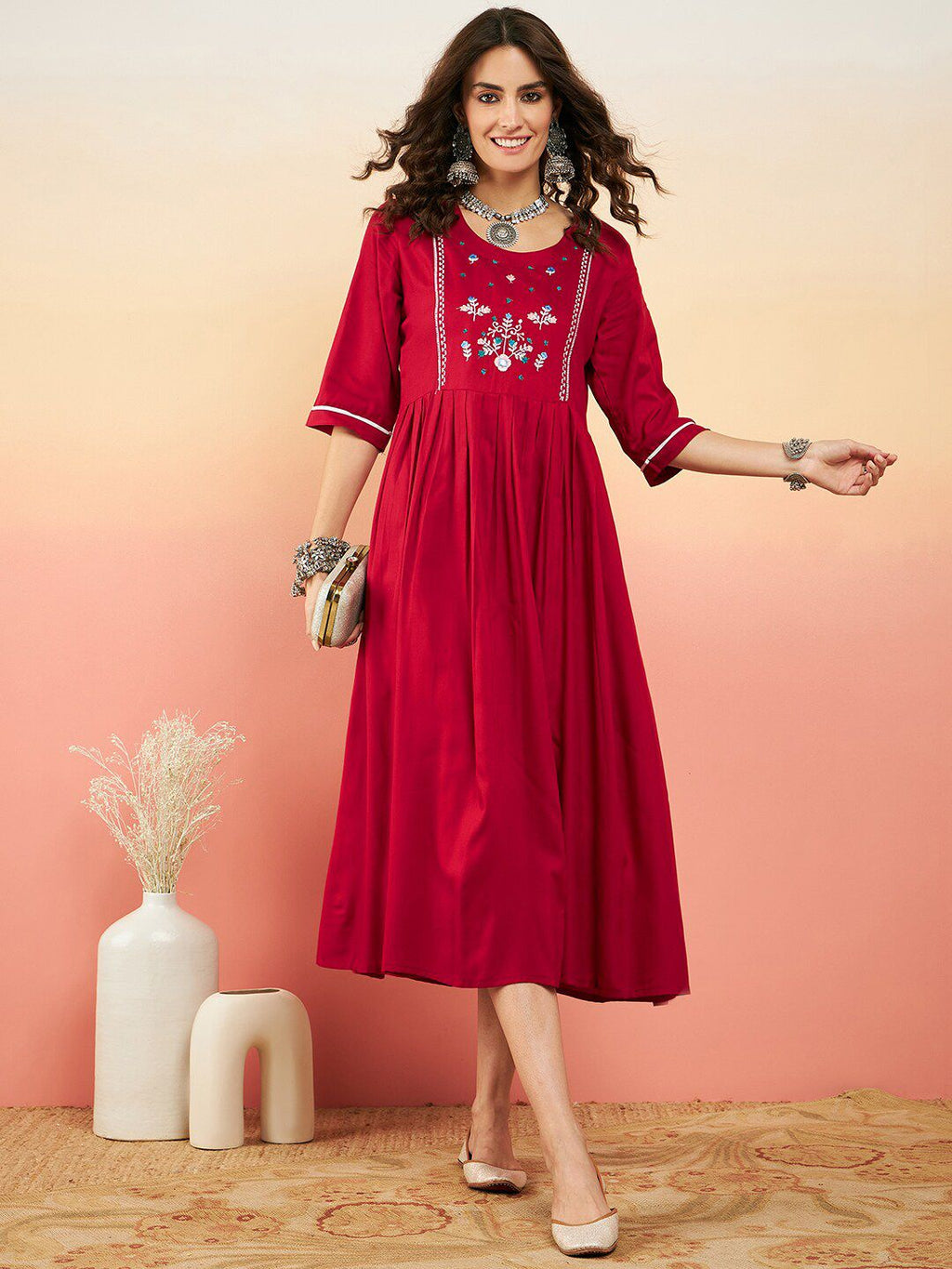 Dhimhi Women's Floral Embroidered Fit & Flared Dress