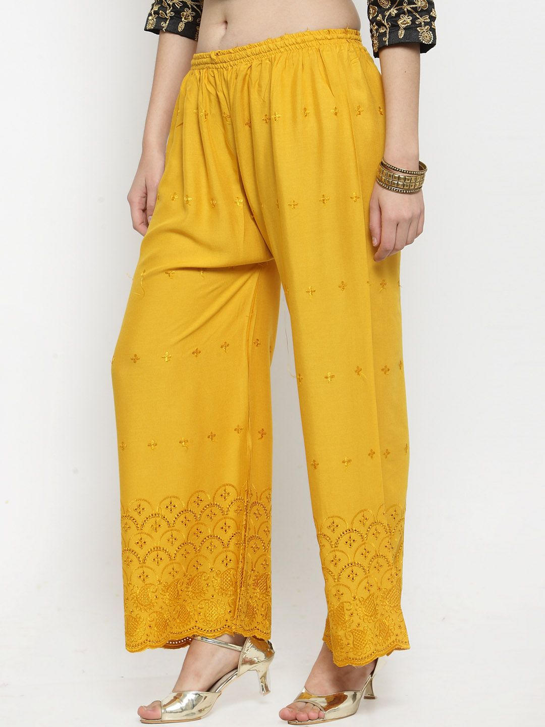 Dhimhi Women's Mustard Yellow Embroidered Straight Palazzos