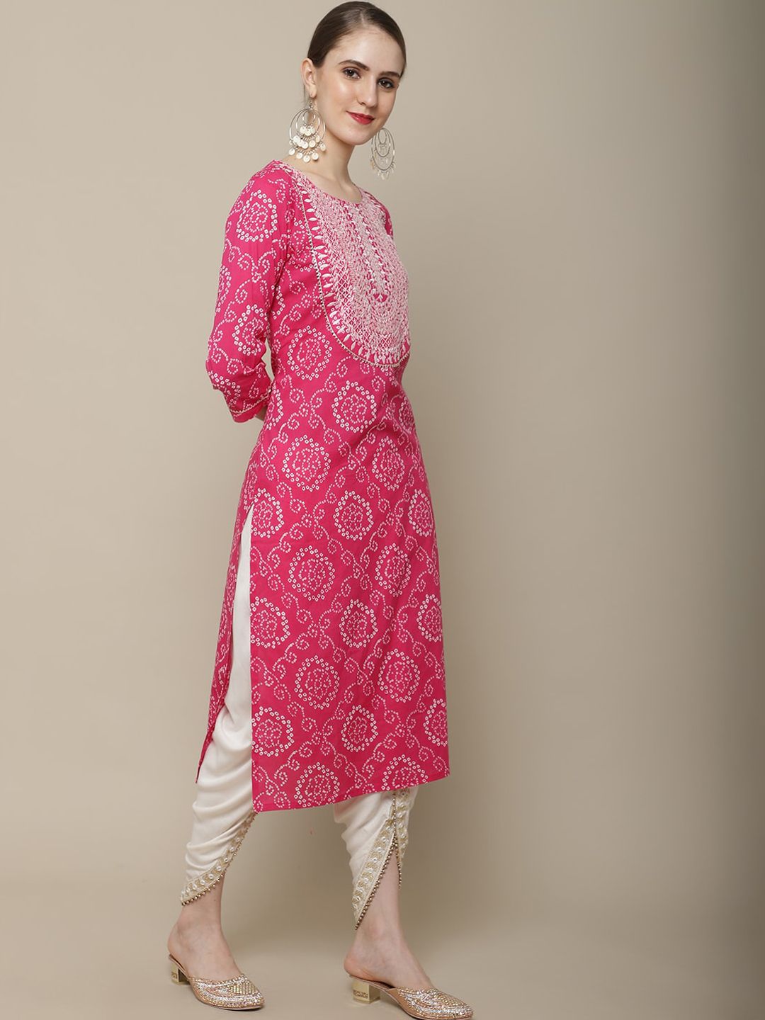 Women Pink & White Bandhani Printed Thread Work Kurta