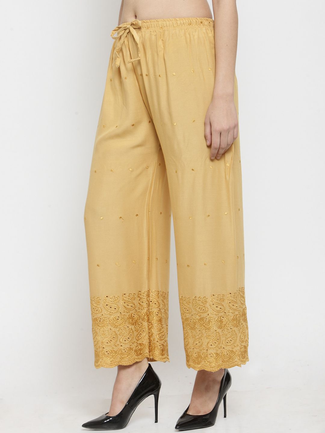 Dhimhi Women's Beige Embroidered Straight Palazzos