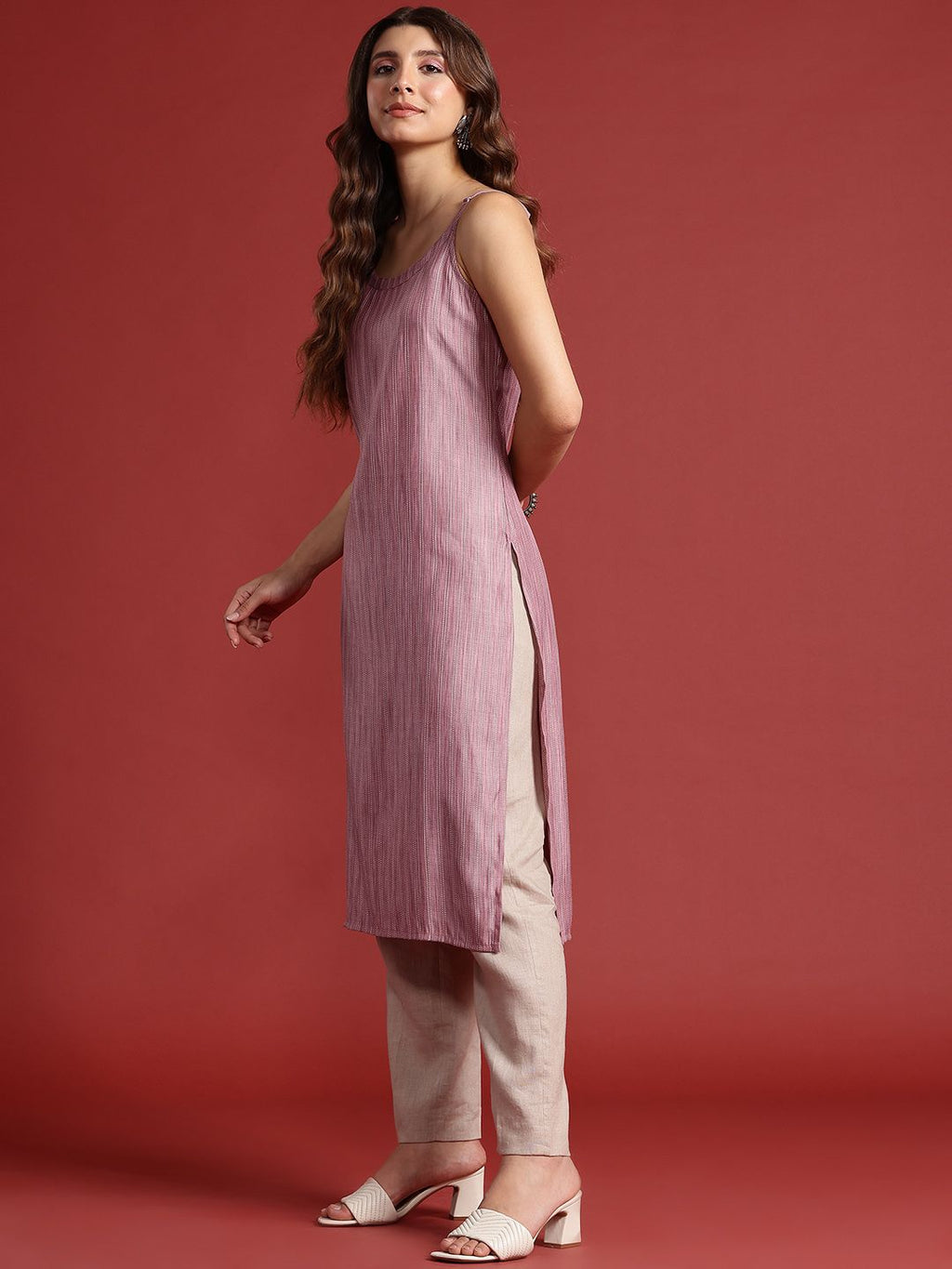 Shoulder Straps Woven Design Striped Straight Kurta