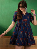 Dhimhi Women's Floral Printed Pure Cotton Fit & Flare Mini Ethnic Dress