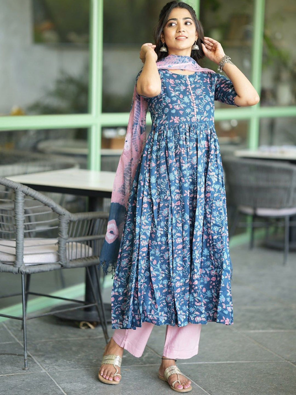 Dhimhi Women's Floral Printed Pleated Kurta with Trouser & Dupatta