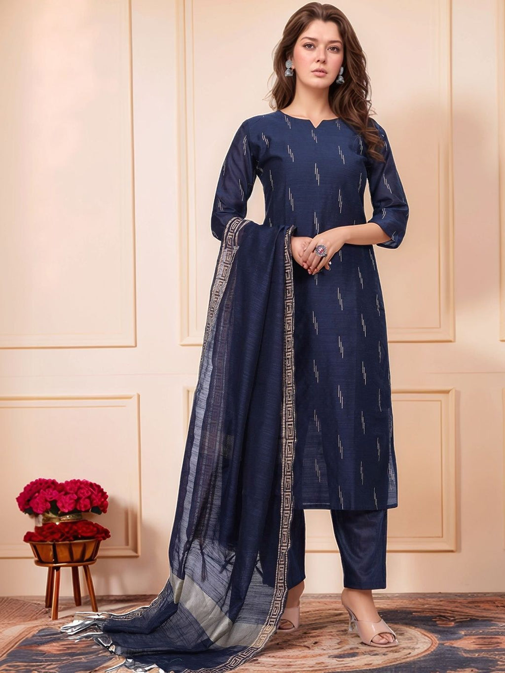 Dhimhi Women's Ethnic Motifs Printed Regular Kurta with Trousers & With Dupatta