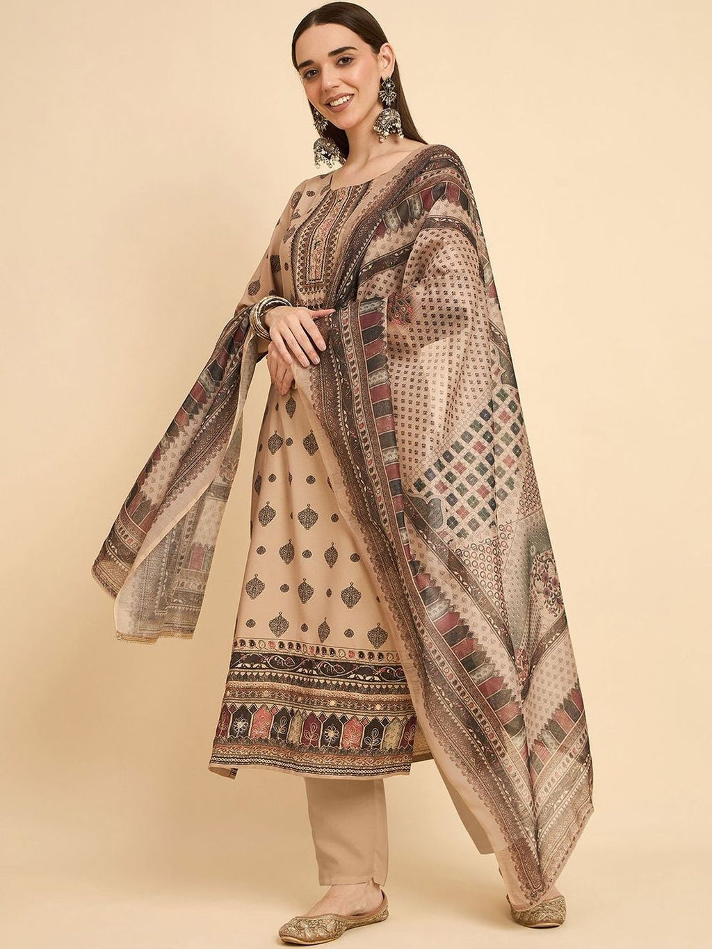 Dhimhi Women Aari Hand Work Digital Printed Kurta with Trousers & Dupatta