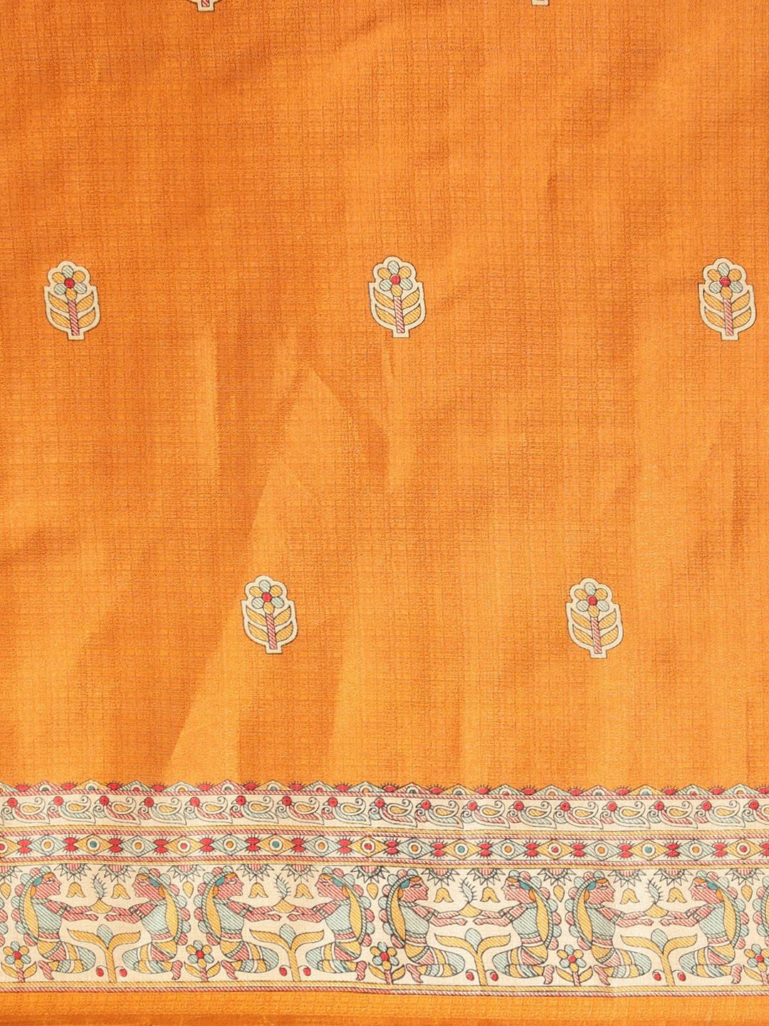 Dhimhi Women's Mustard Yellow & Beige Ethnic Motifs Printed Saree