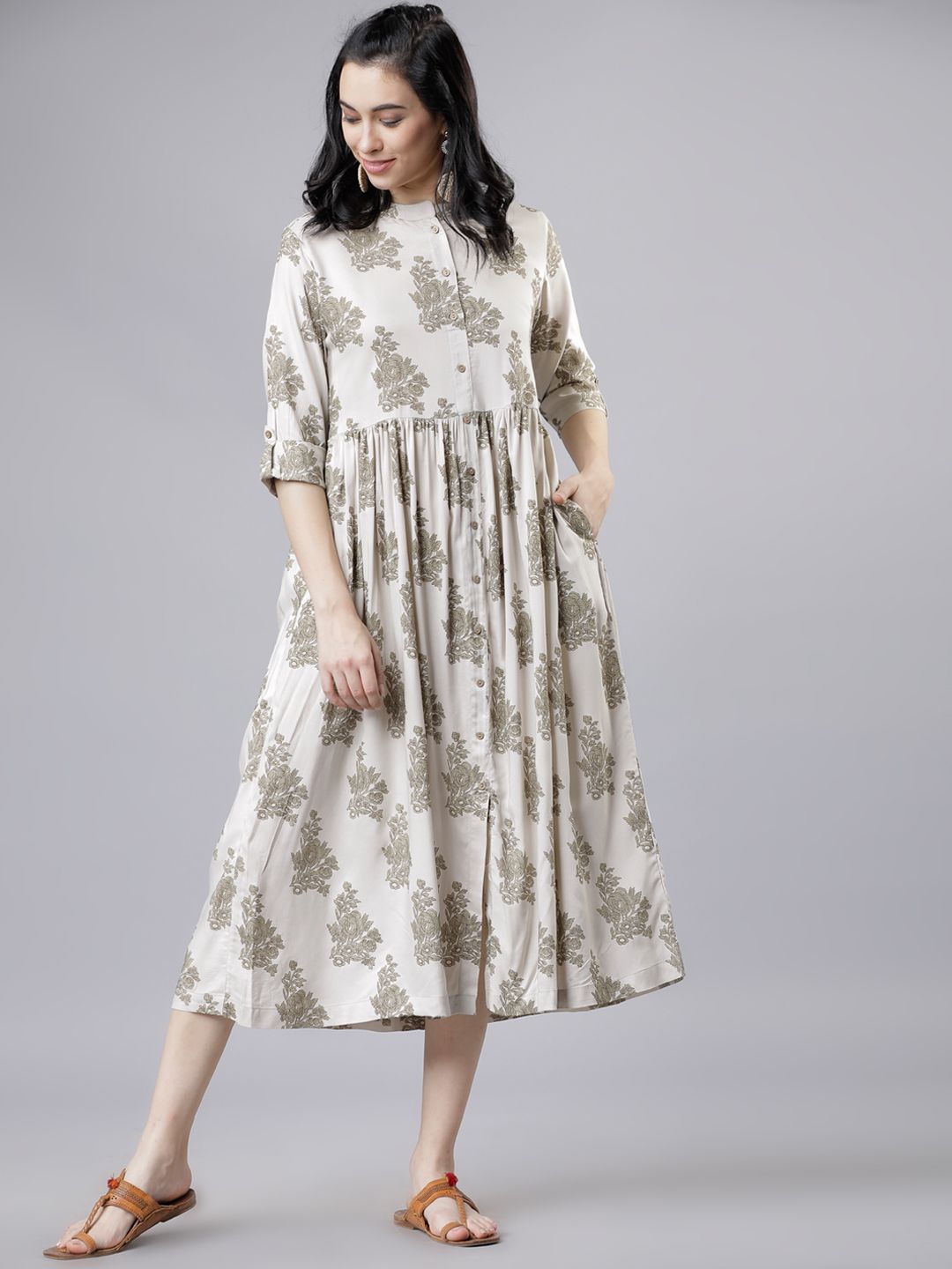Dhimhi Women's Off-White & Green Floral Print A-Line Dress