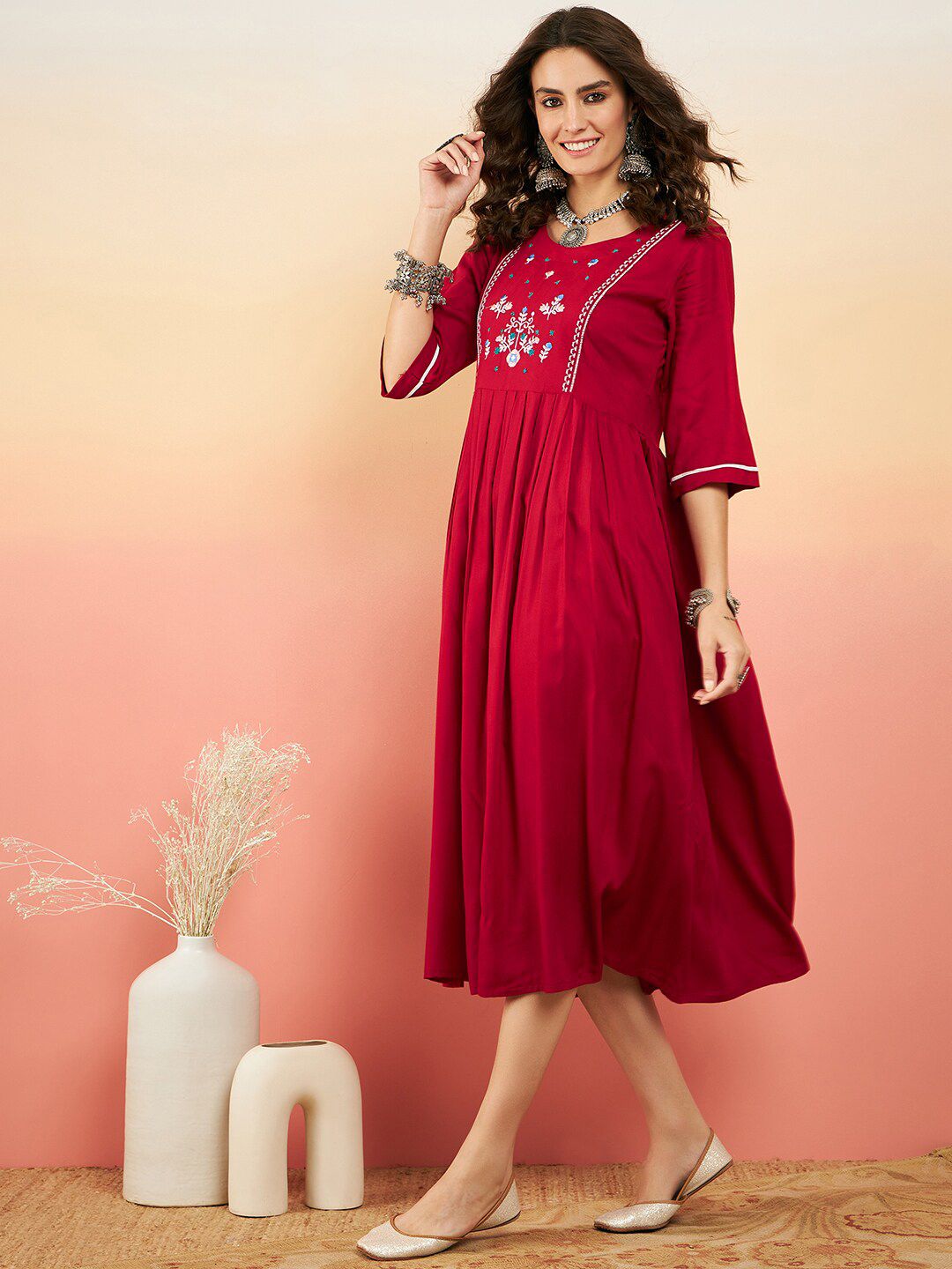 Dhimhi Women's Floral Embroidered Fit & Flared Dress