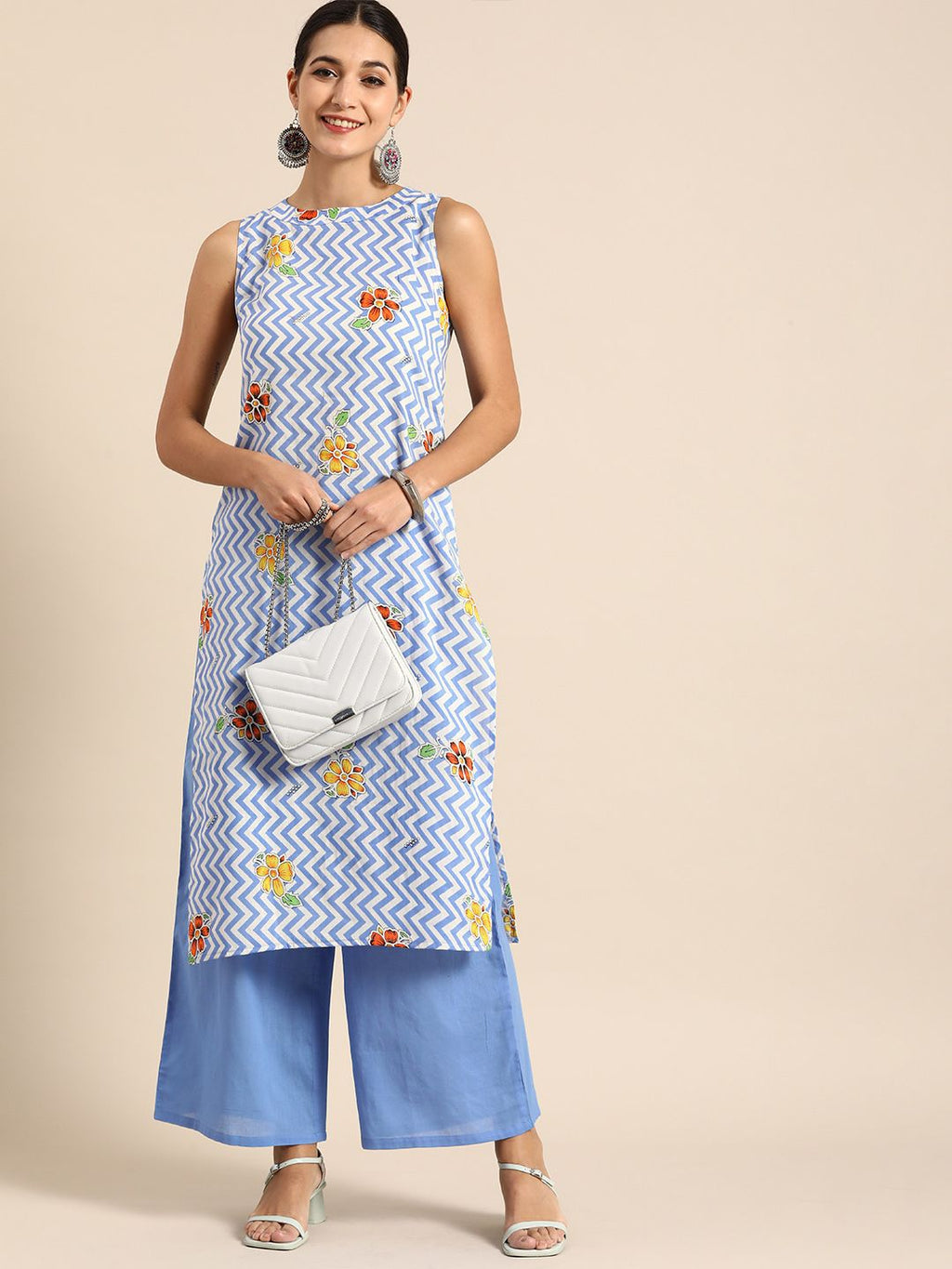 Dhimhi Women's Blue & White Chevron & Floral Print Cotton Kurta with Palazzos