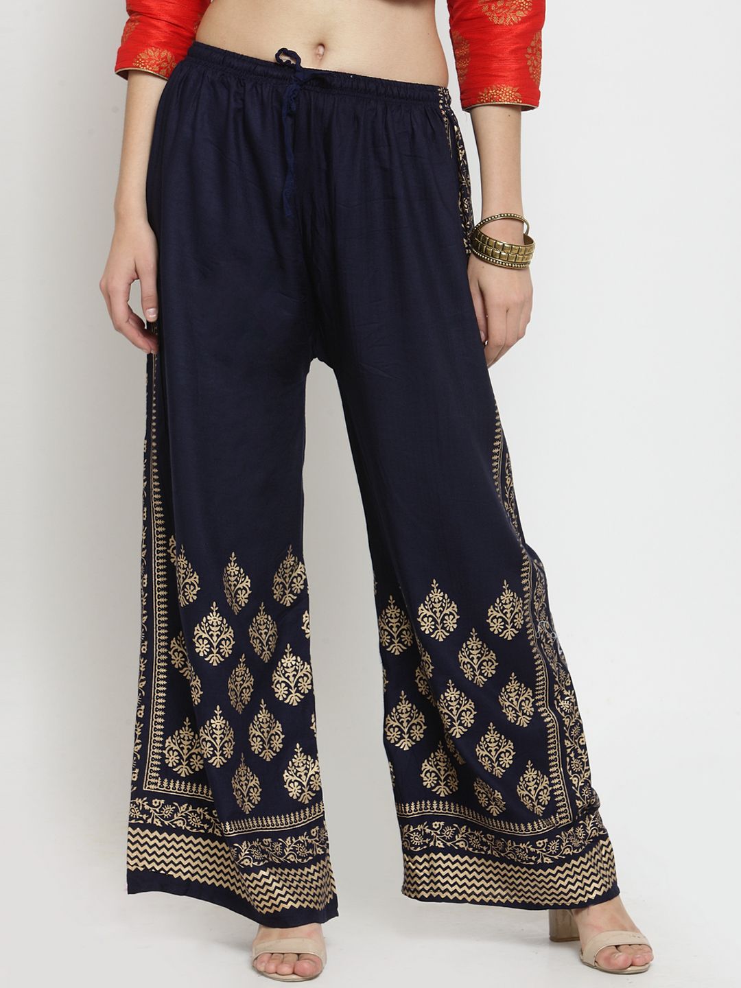 Dhimhi Women's Clora Creations Navy Blue & Gold-Toned Printed Rayon Palazzo