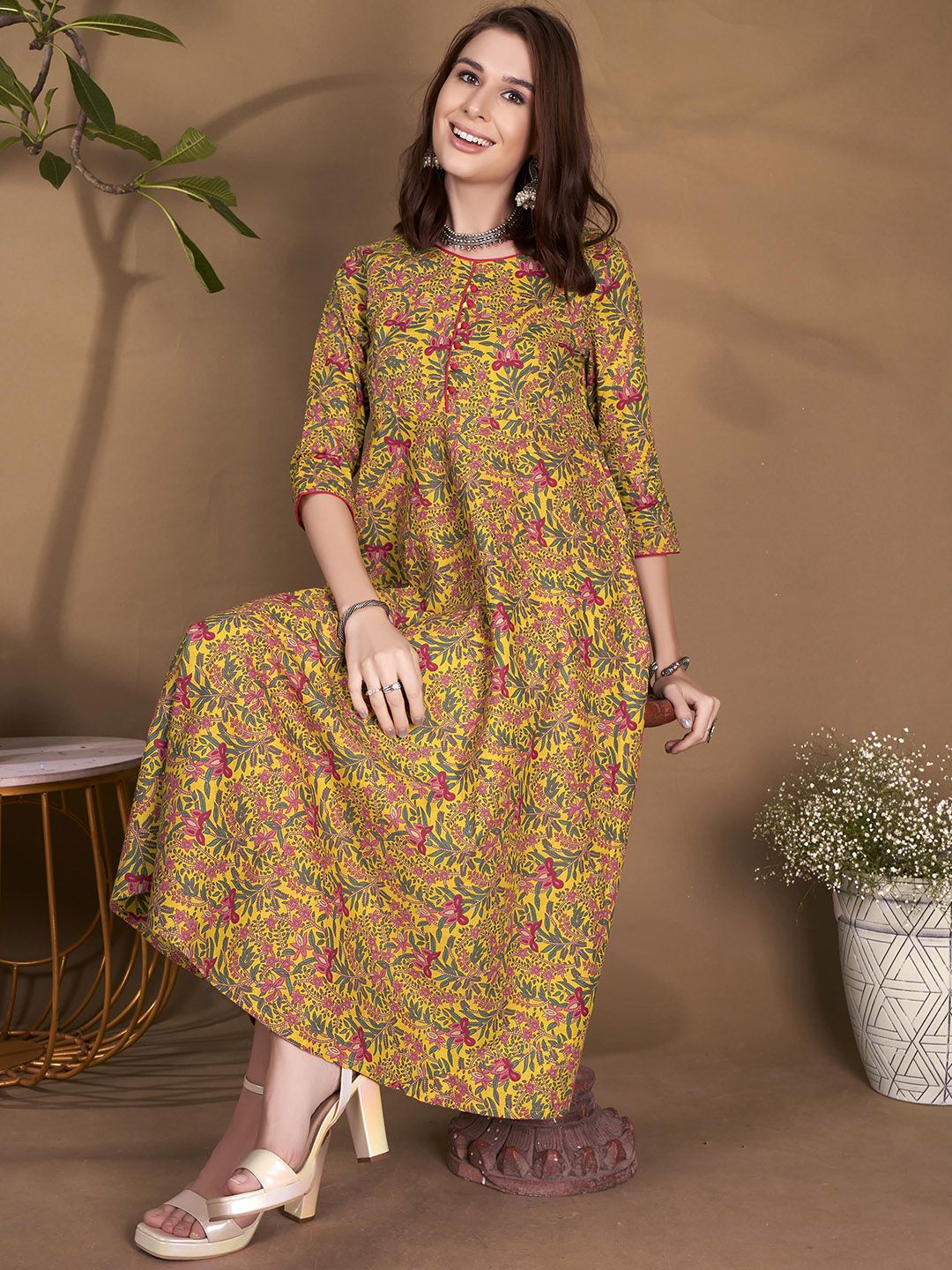 Dhimhi Women's Floral Printed Cotton Fit & Flare Ethnic Dress