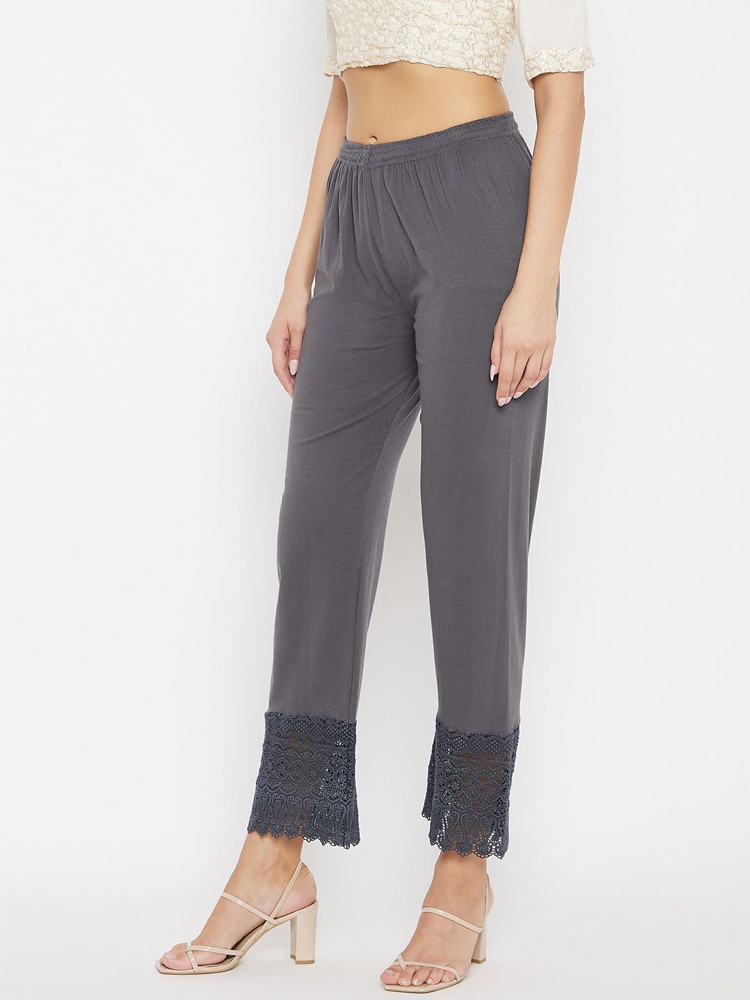 Dhimhi Women's Grey Hem Design Knitted Palazzos