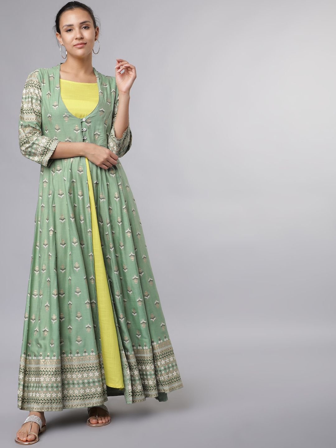 Dhimhi Women's Green Printed Ethnic Maxi Dress with Inner Slip Dress