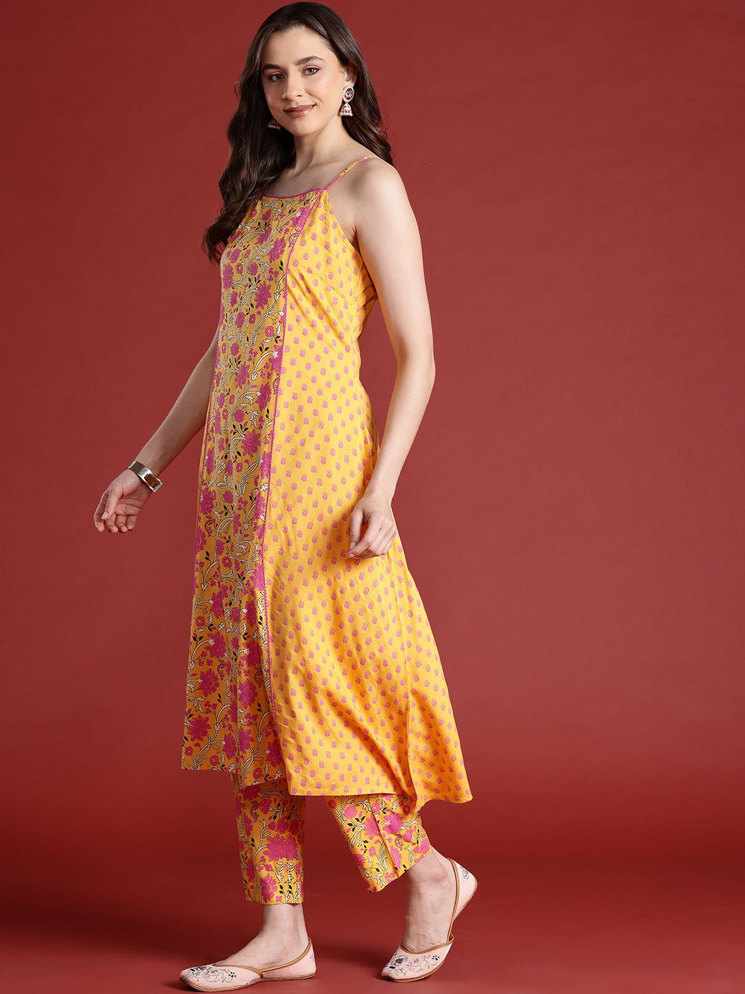 Dhimhi Women's Floral Printed Shoulder Straps A-Line Kurta Set