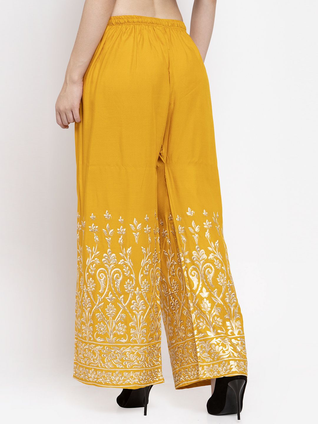 Dhimhi Women's Mustard Yellow Printed Wide Leg Palazzos