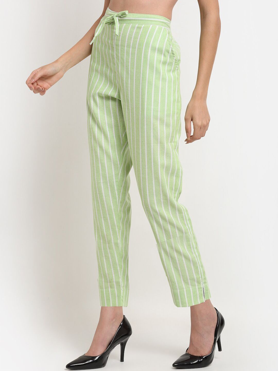Dhimhi Women's Green & White Striped Cotton Palazzos