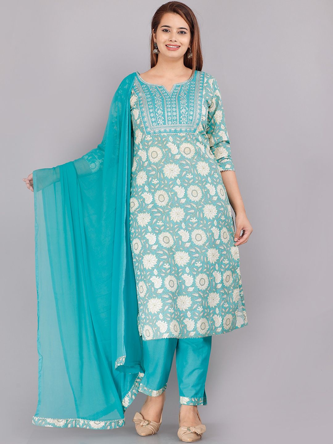 Dhimhi Women's Blue Ethnic Motifs Printed Pure Cotton Kurta with Trousers & With Dupatta