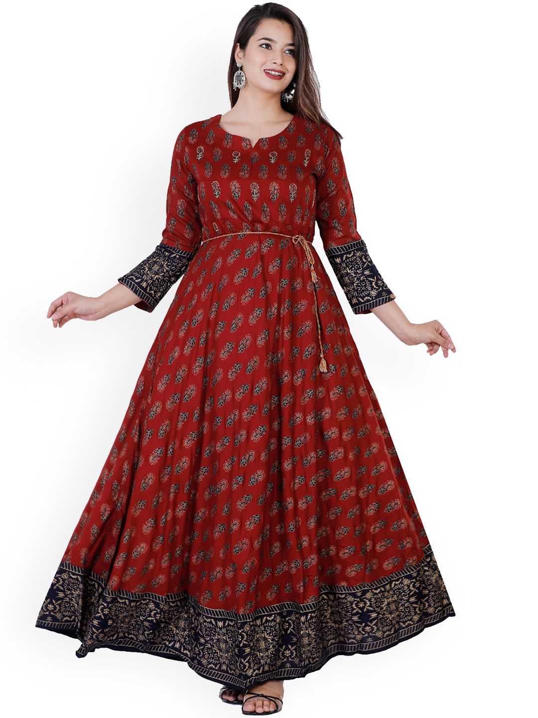 Women Maroon & Black Ethnic Motifs Printed Anarkali Kurta