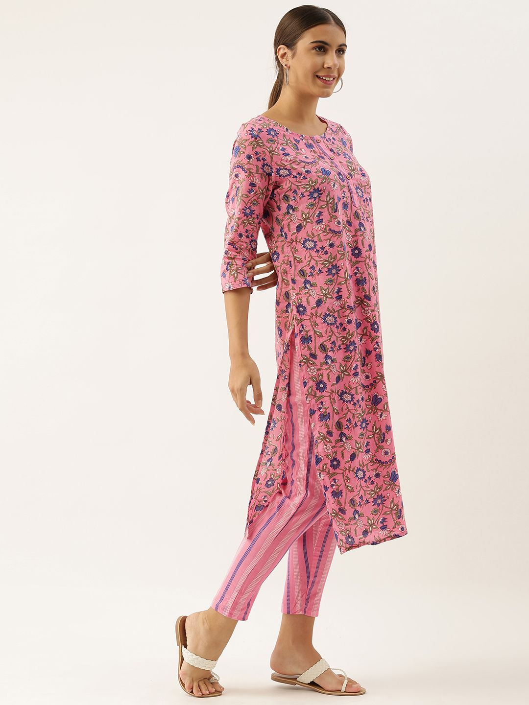 Dhimhi Women's Pink Pure Cotton Floral Print Kurta with Trousers