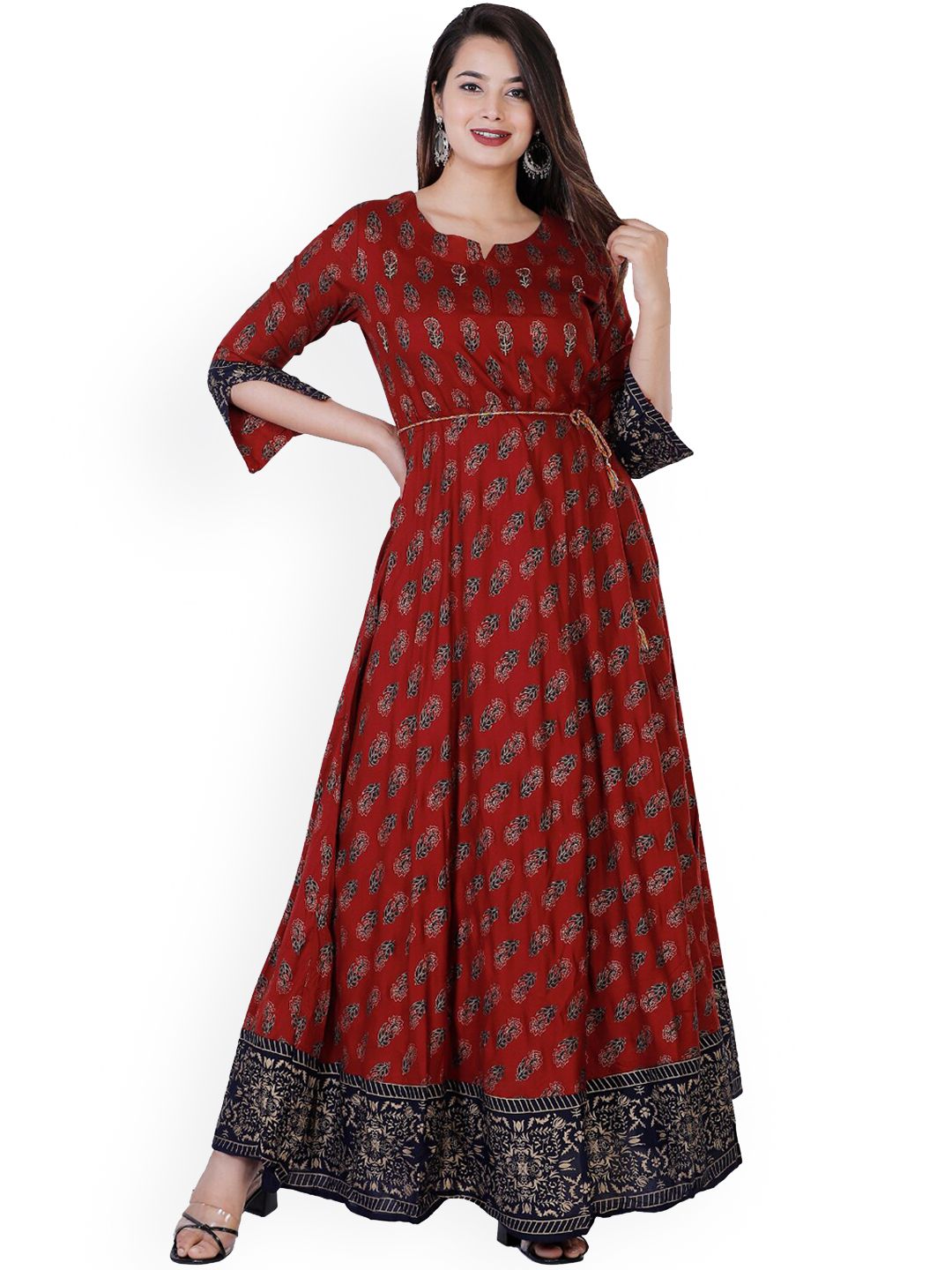 Women Maroon & Black Ethnic Motifs Printed Anarkali Kurta