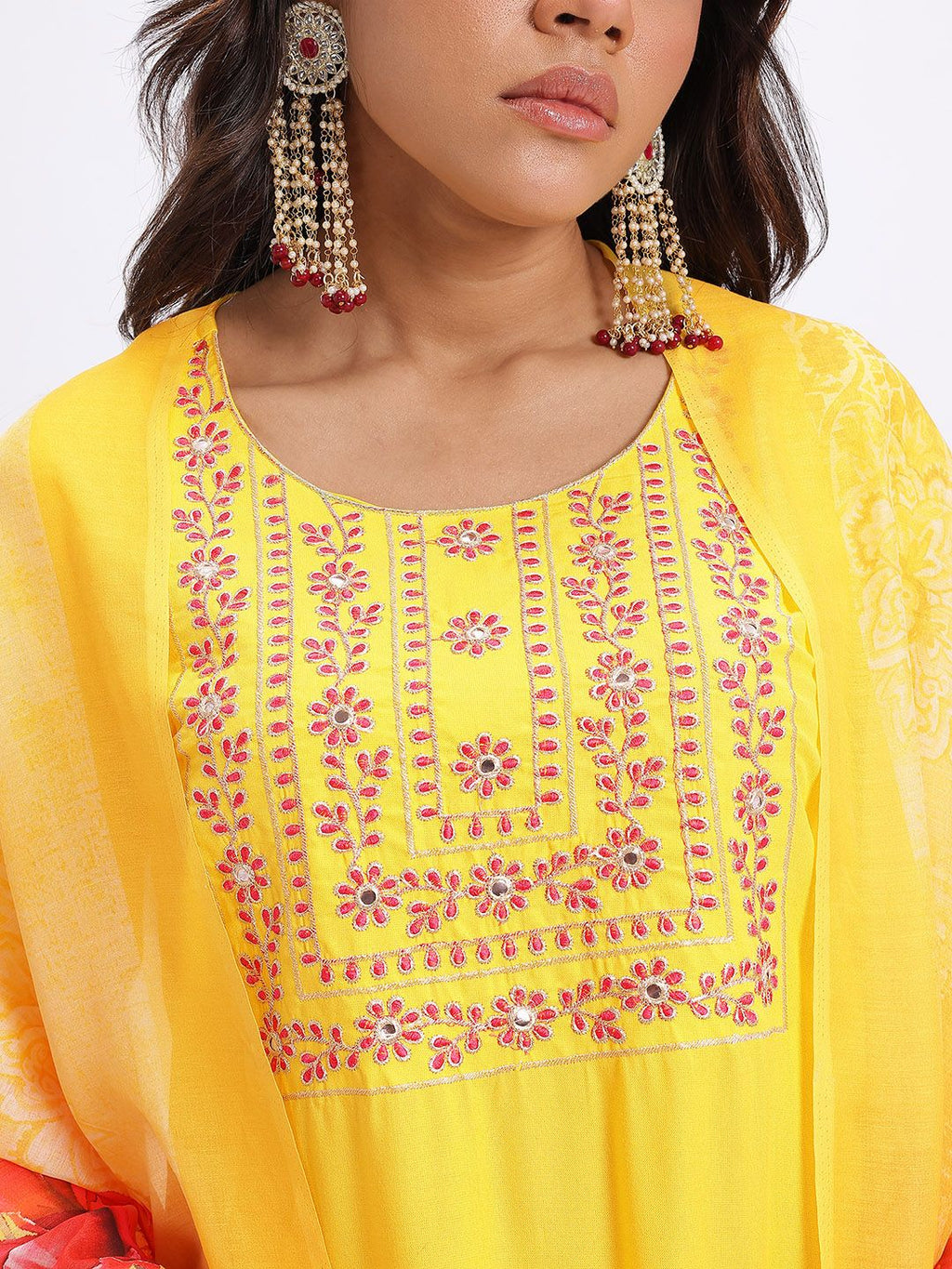 Dhimhi Women's Yoke Design Regular Mirror Work Kurta with Trousers & Dupatta