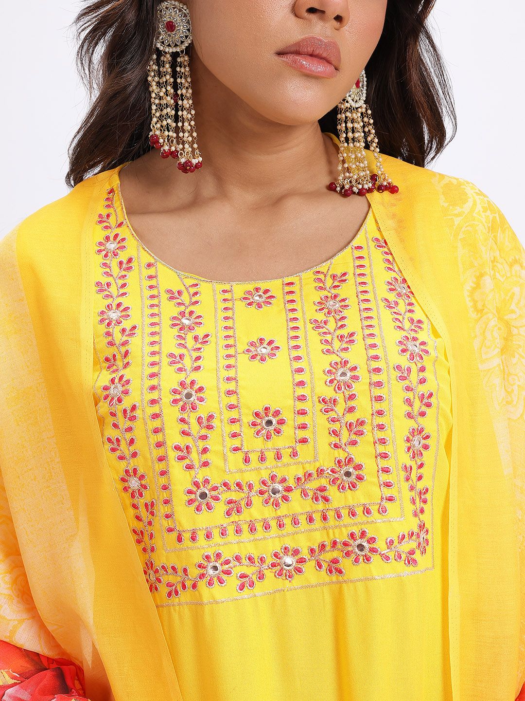 Dhimhi Women's Yoke Design Regular Mirror Work Kurta with Trousers & Dupatta