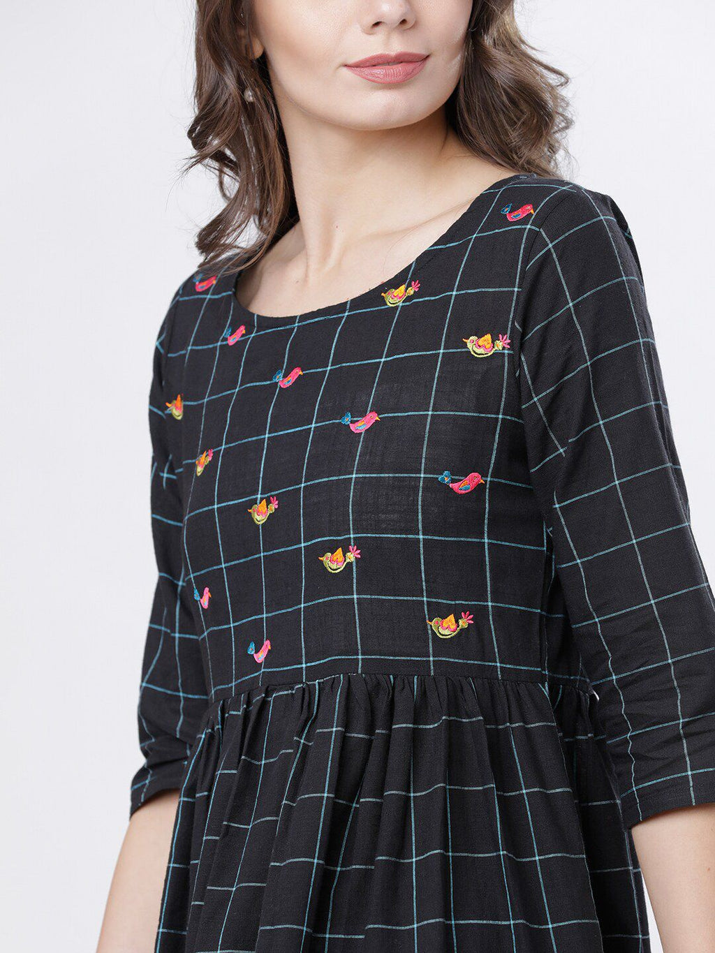 Dhimhi Women's Black Checked Fit and Flare Dress