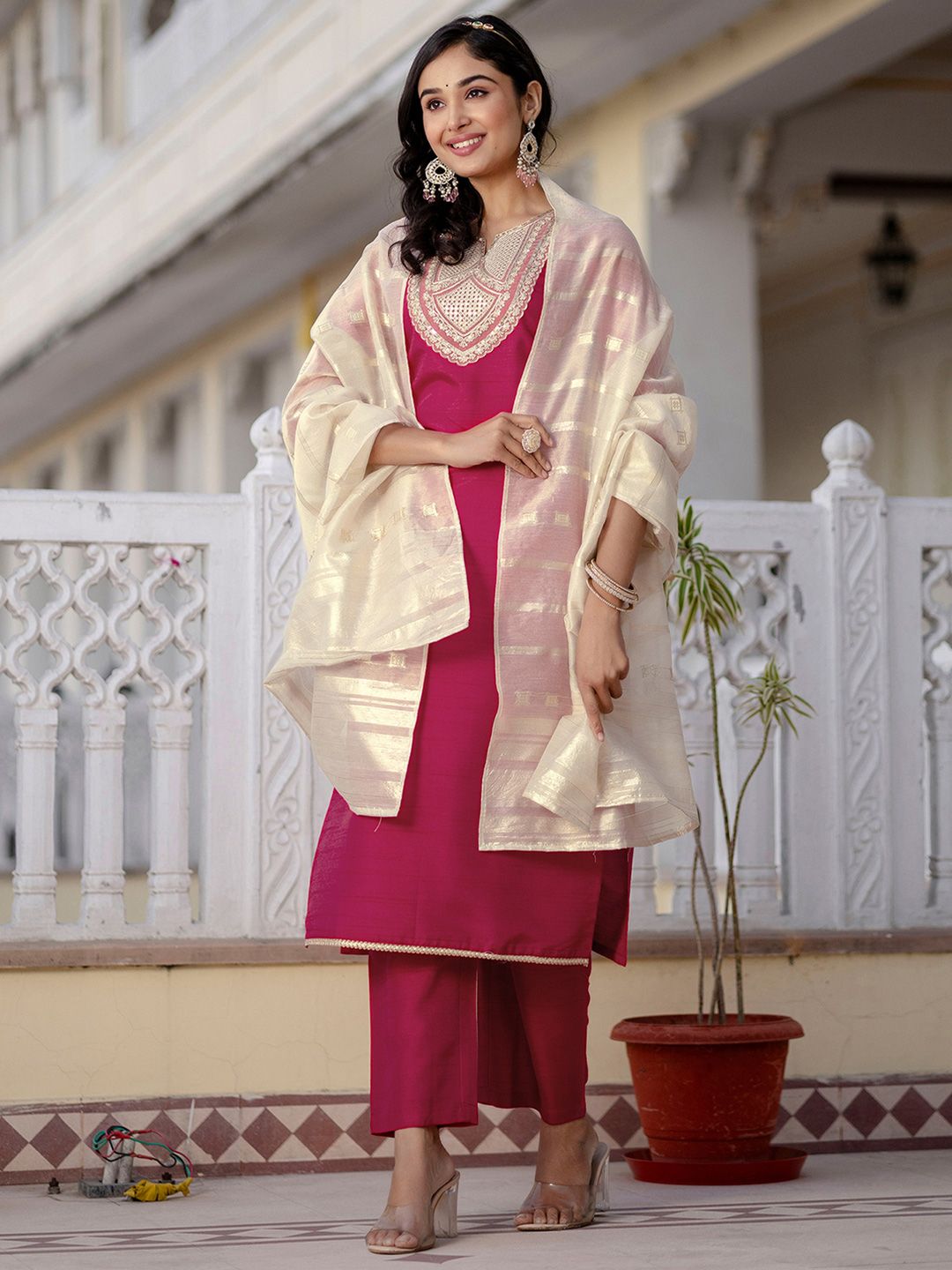 Dhimhi Women's Ethnic Motifs Embroidered Regular Sequinned Kurta with Trousers & With Dupatta - dhimhi