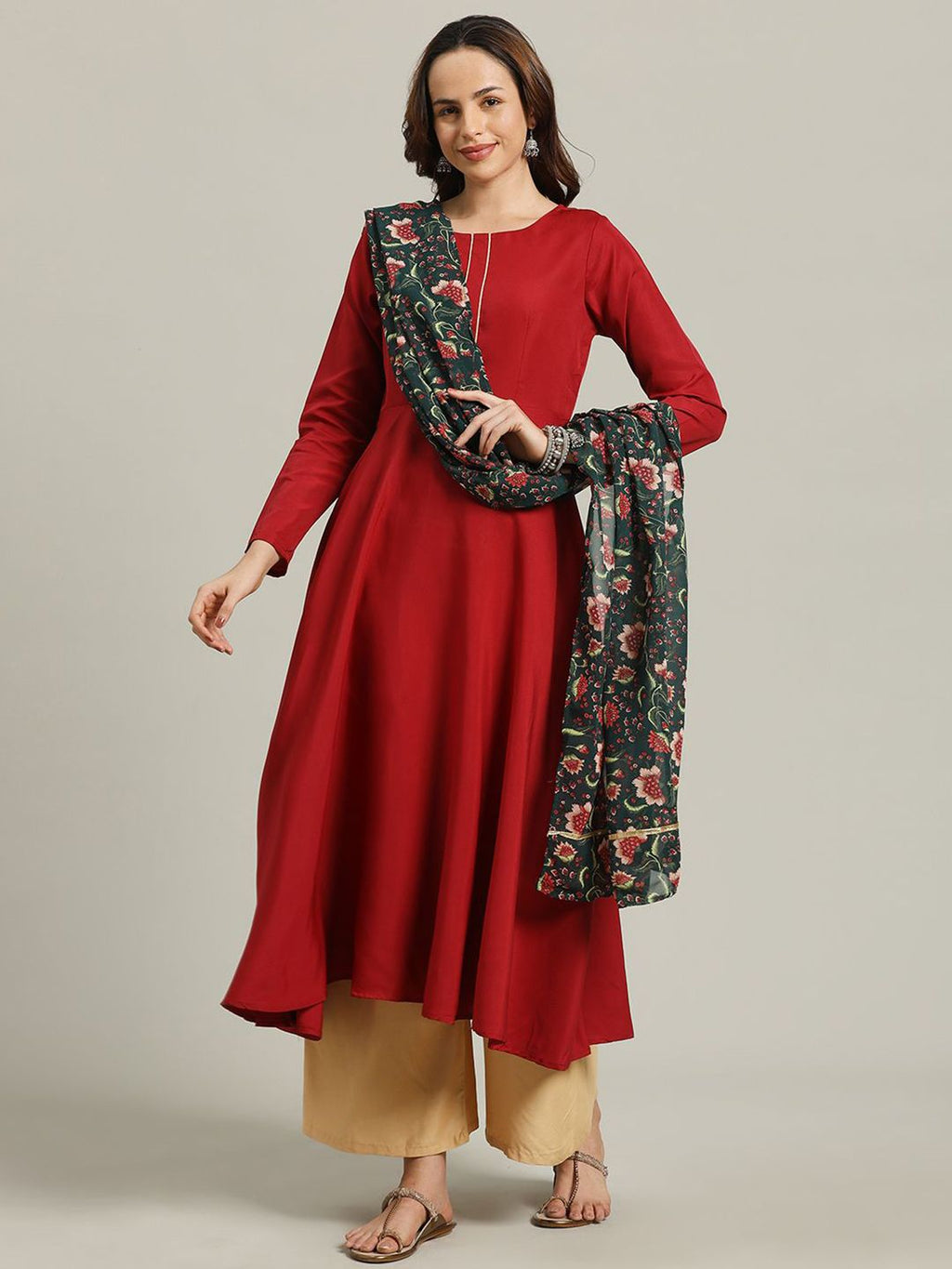 Round Neck Long Sleeves Anarkali Kurta With Georgette Dupatta
