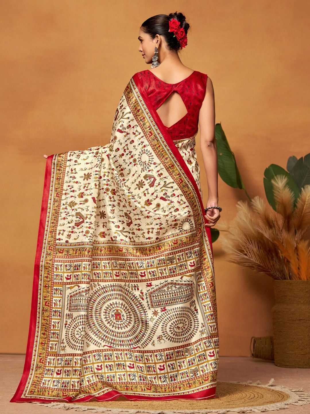 Dhimhi Women's Warli Art Silk Block Print Saree